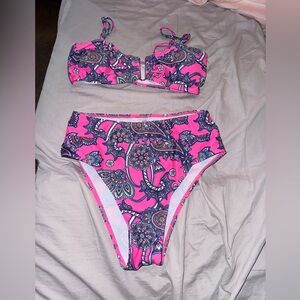 SHEIN Pink Paisley High-Waist Bikini Set